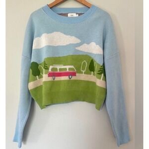 Luna Ivy Cottagecore Scenic Sweater VW Van Eclectic Cropped Knit Medium Blue